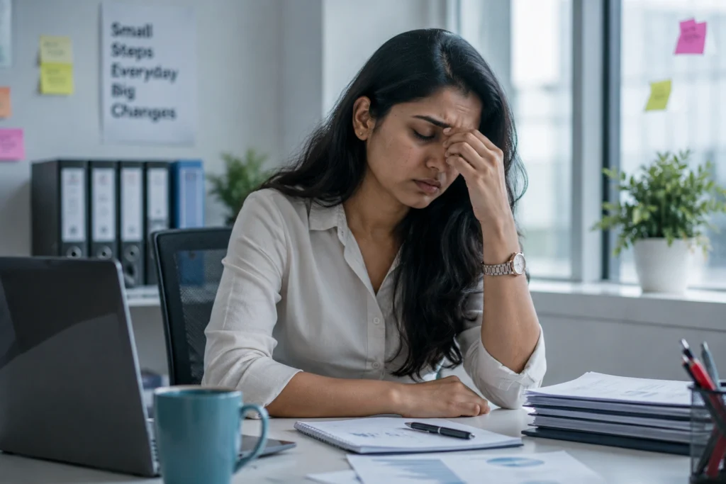 Indian woman feeling tired all day because of thyroid and hormonal imbalance