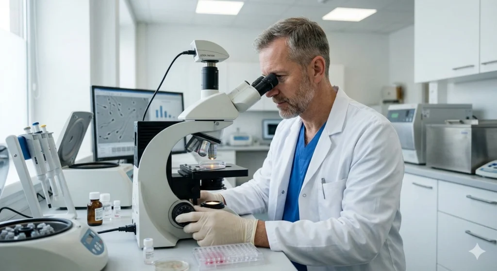 Low sperm count diagnosis Hisar showing semen analysis and laboratory testing process