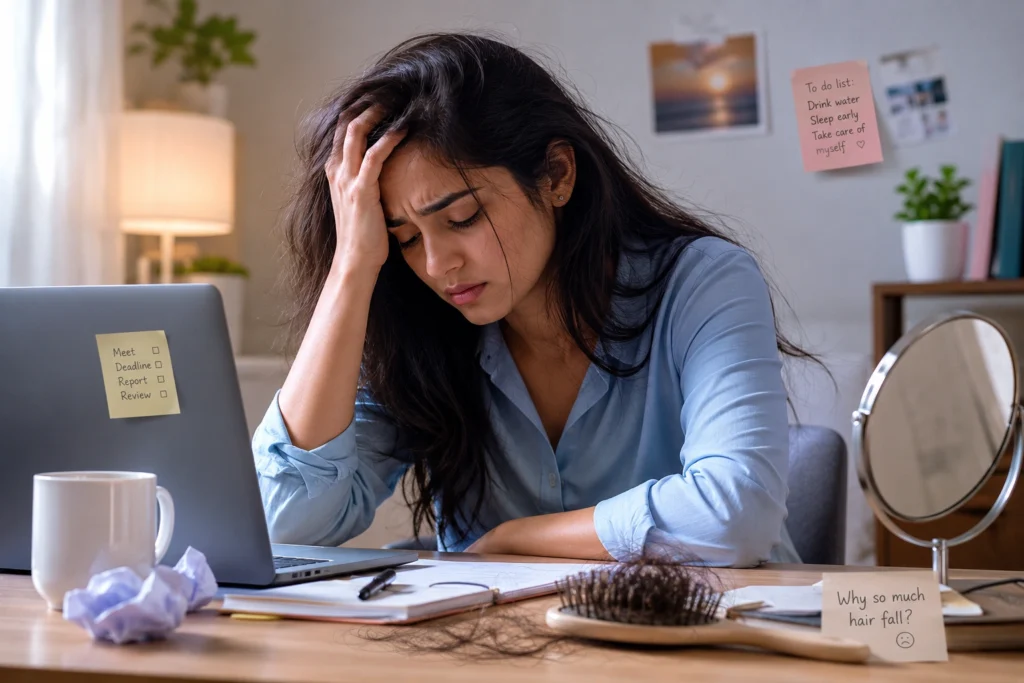 Anxiety contributing to stress and hair loss through elevated cortisol levels.