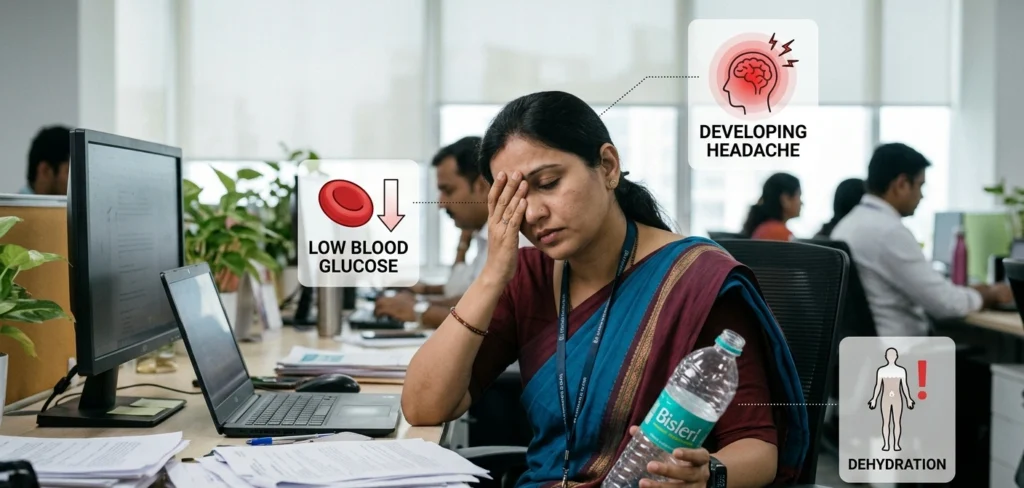 Dehydration and skipped meals contributing to migraine attacks and headaches.
