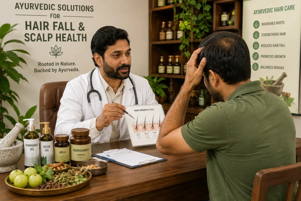 Ayurvedic approach to treating stress and hair loss by addressing root causes.