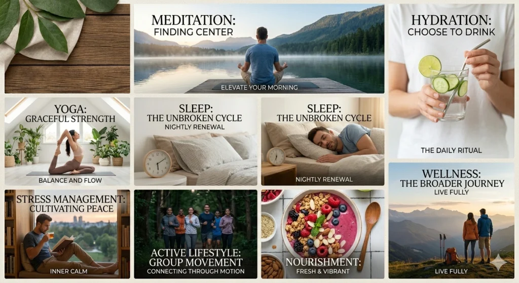 Healthy daily habits including hydration, sleep, yoga, and stress management for migraine prevention.