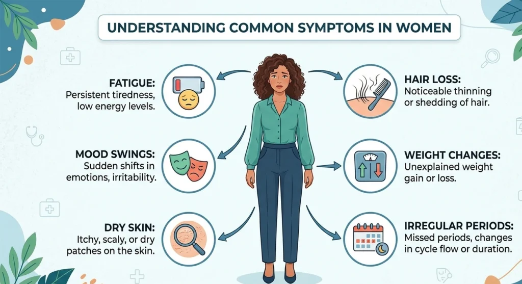 Common thyroid symptoms in women affecting metabolism, energy, and hormones.