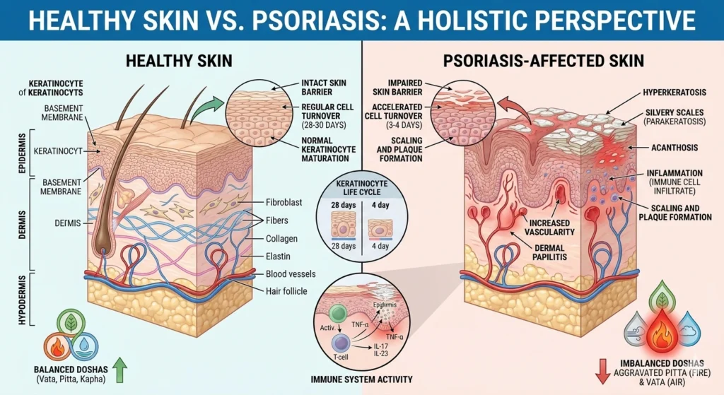 Psoriasis explained through Ayurvedic Vata and Pitta dosha imbalance affecting skin health