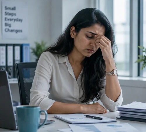 Indian woman feeling tired all day because of thyroid and hormonal imbalance